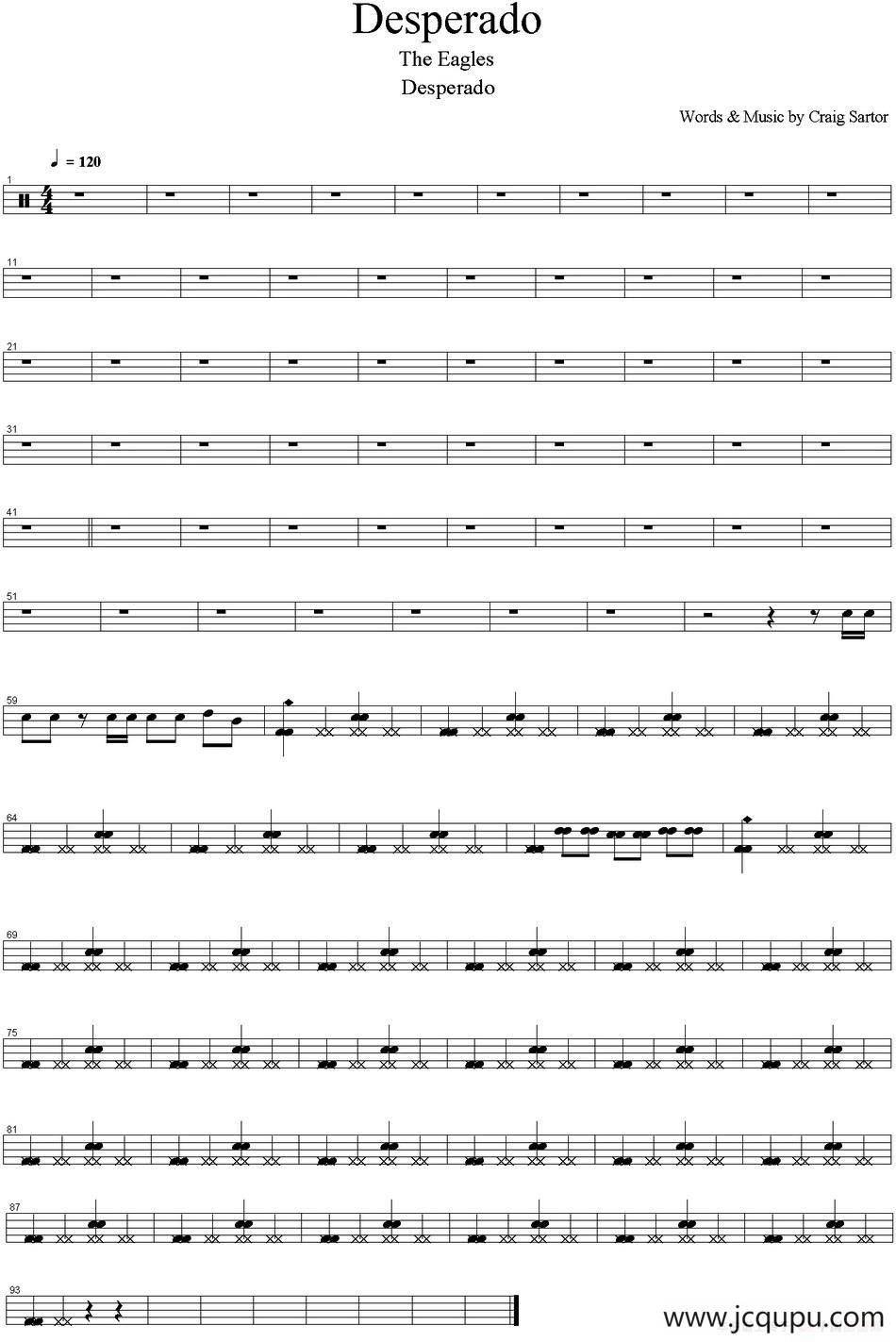 爵士鼓谱：Eagles - Desperado简谱