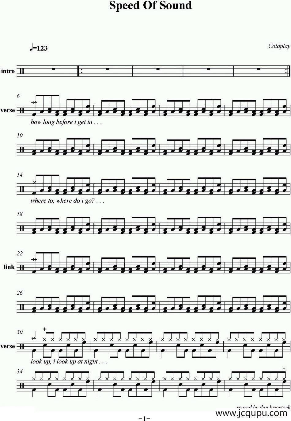 爵士鼓谱：Coldplay - Speed of sound简谱