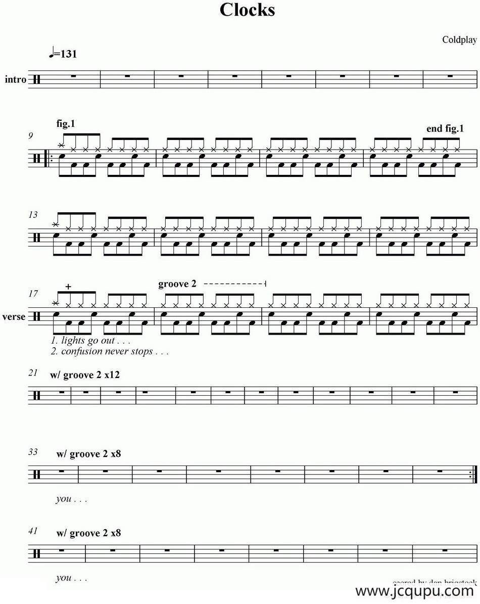 爵士鼓谱：Coldplay - Clocks简谱