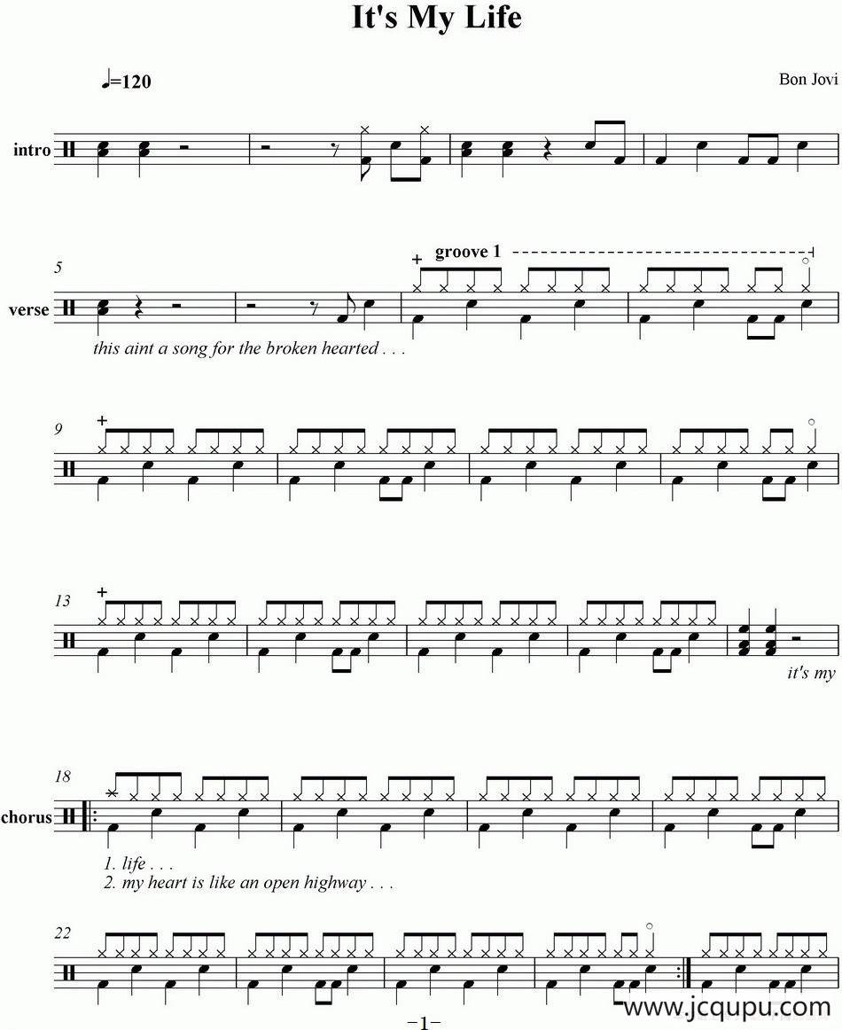 爵士鼓谱：Bon Jovi - It's my life简谱