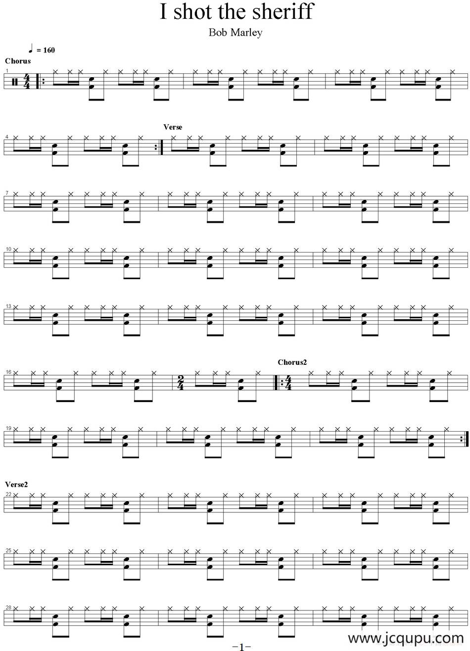 爵士鼓谱：Bob Marley - I shot the sheriff简谱