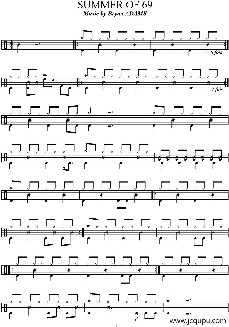 爵士鼓谱：Bryan Adams-Summer of 69简谱