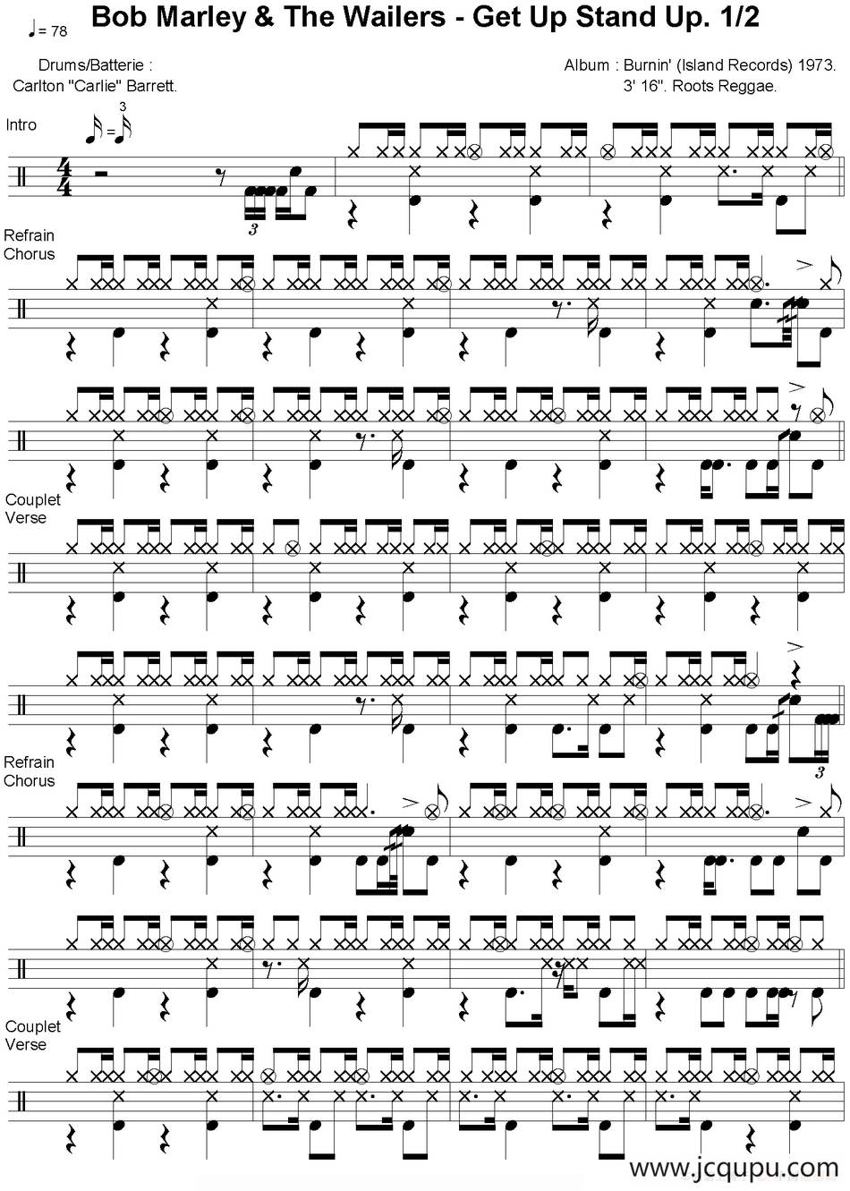 爵士鼓谱：Bob Marley - Get up stand up简谱