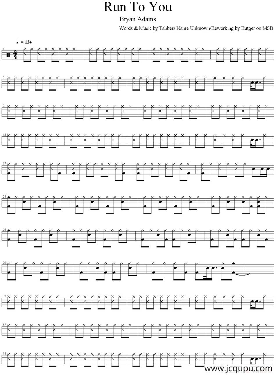 爵士鼓谱：Bryan Adams - Run to you简谱