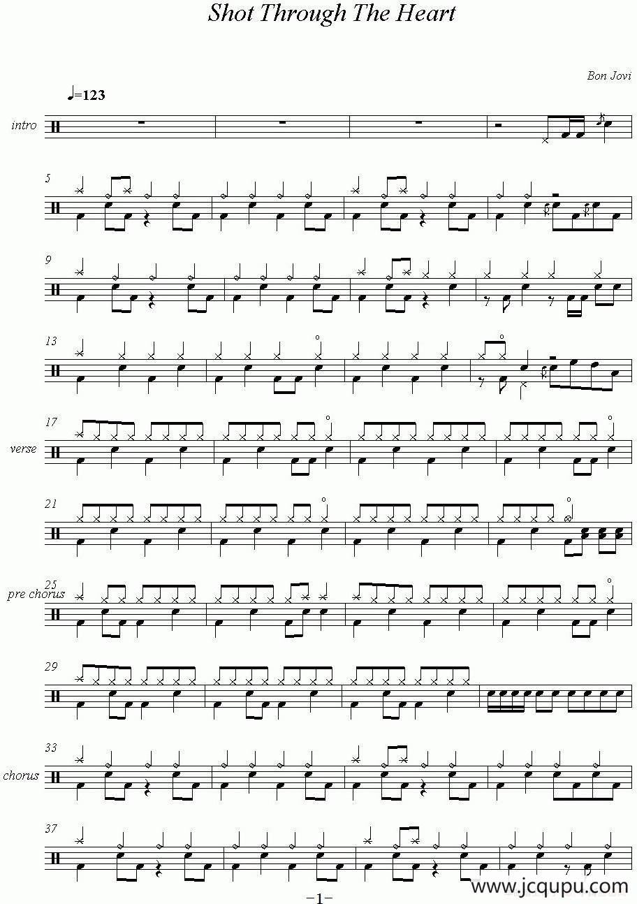 爵士鼓谱：Bon Jovi - Shot Through The Heart简谱