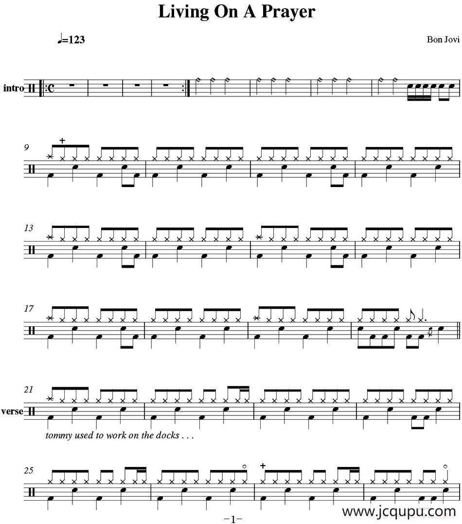 爵士鼓谱：Bon Jovi - Living on a prayer简谱