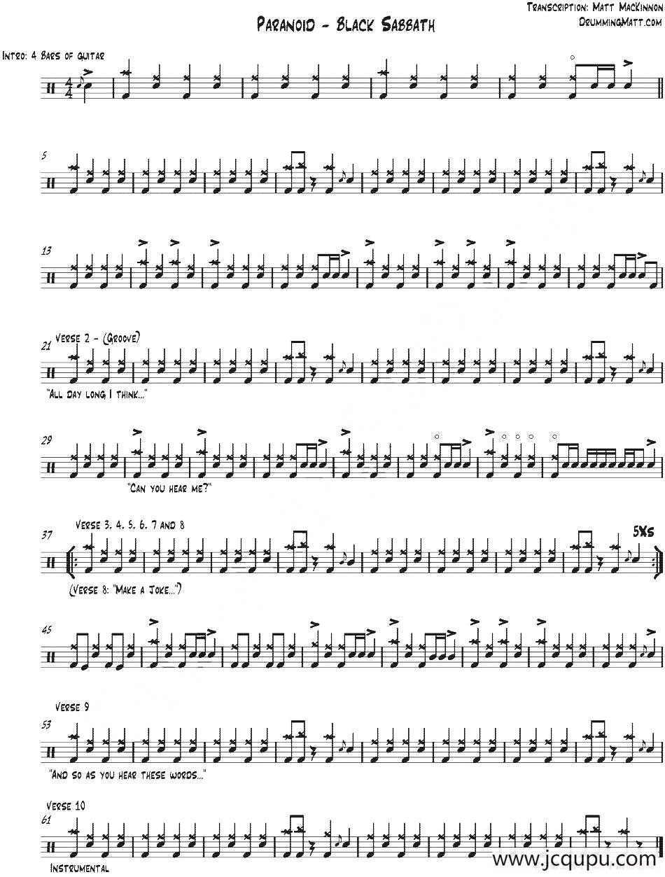 爵士鼓谱：Black Sabbath - Paranoid简谱