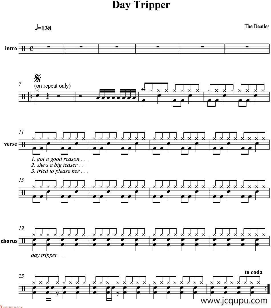 爵士鼓谱：Beatles - Day tripper简谱