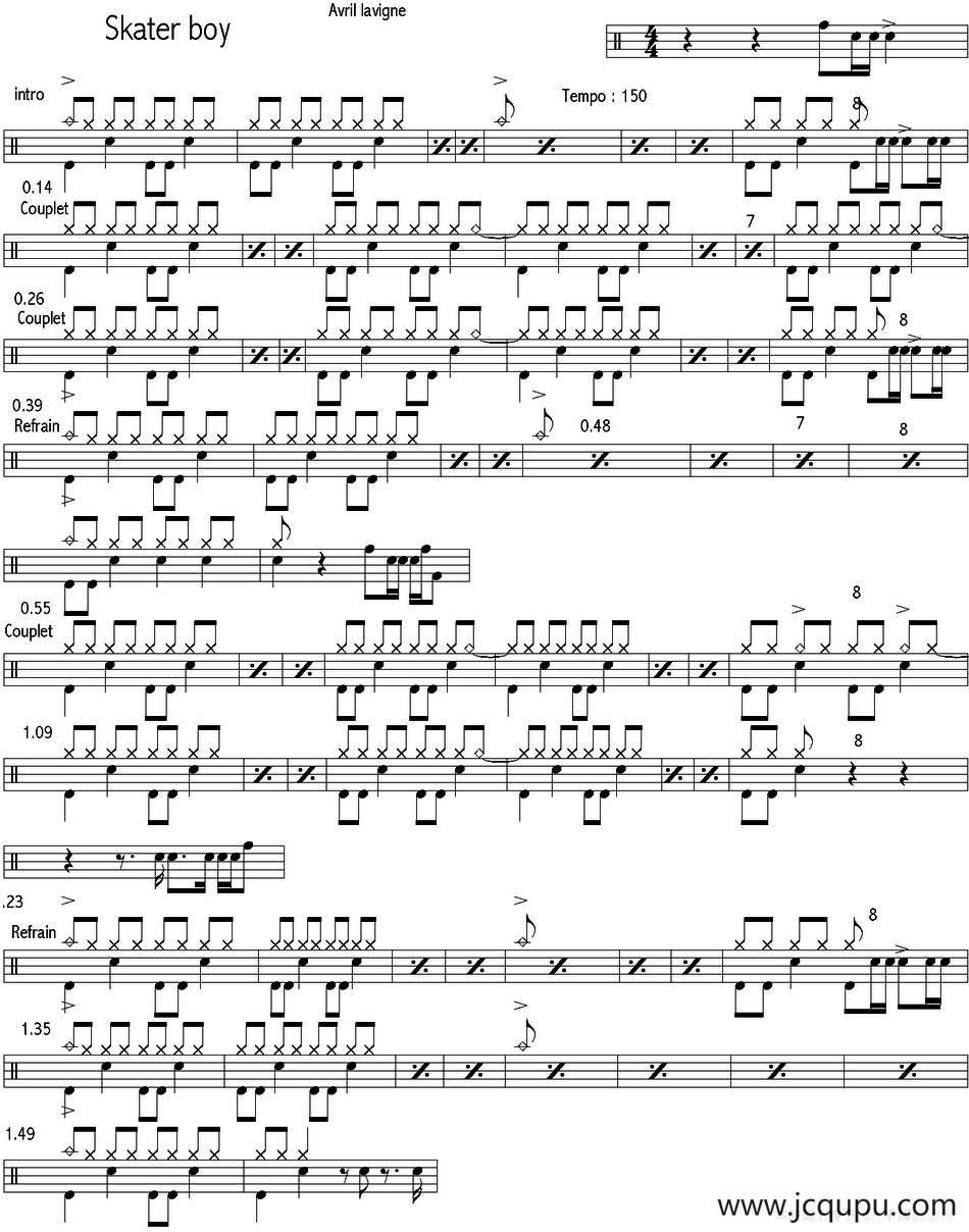 爵士鼓谱：Avril Lavigne - Skater boy简谱