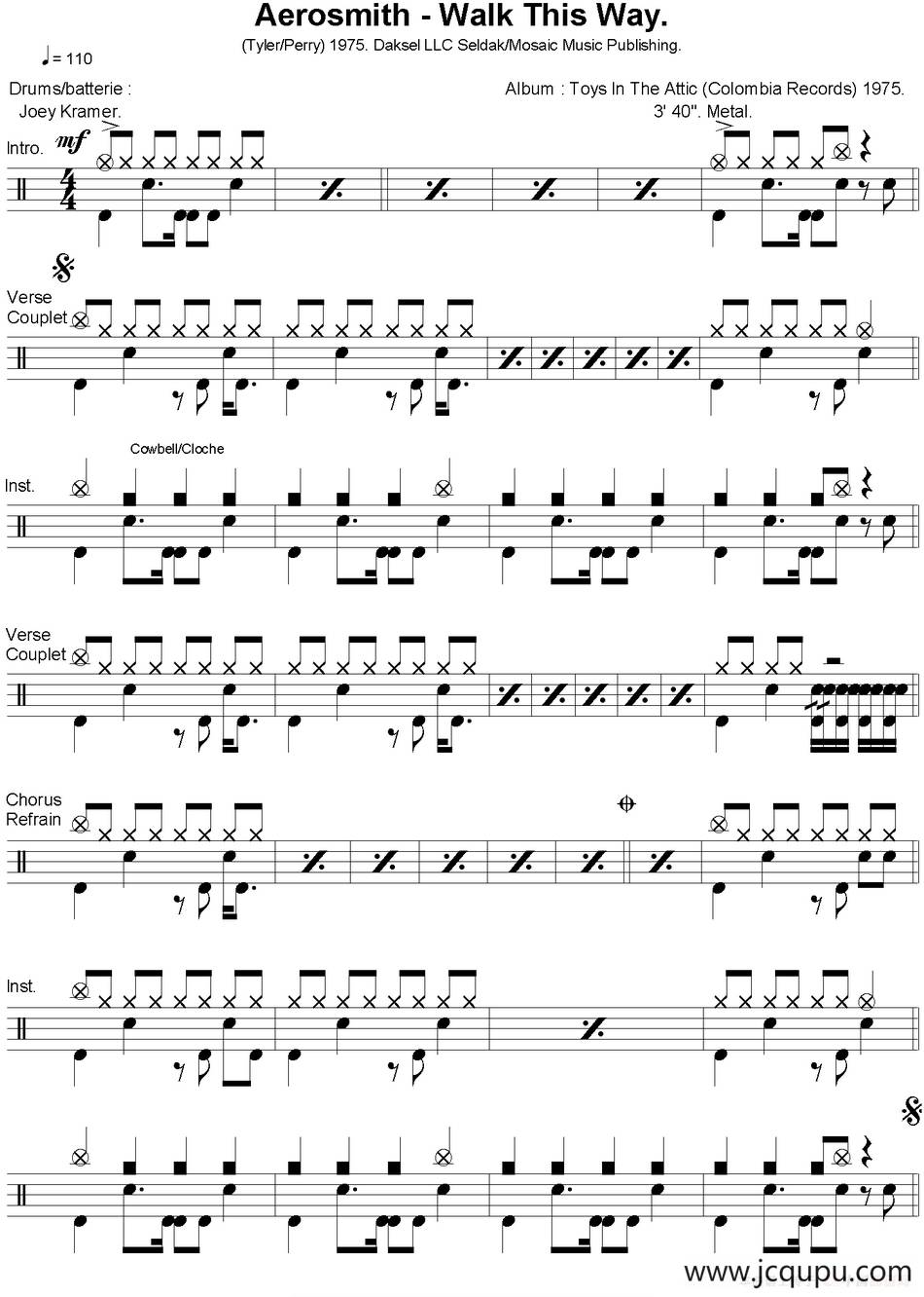 爵士鼓谱：Aerosmith - Walk this way简谱