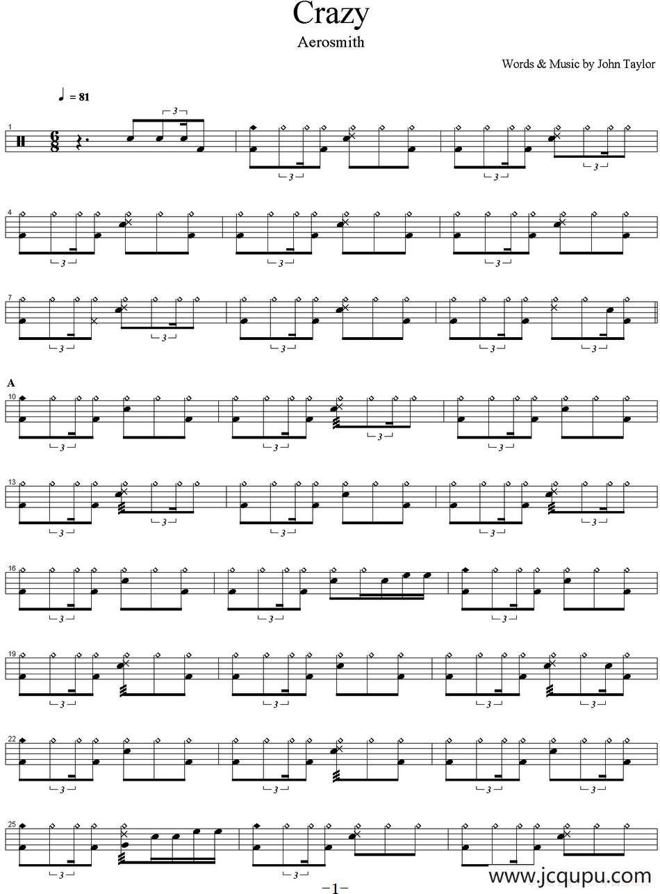 爵士鼓谱：Aerosmith - Crazy简谱