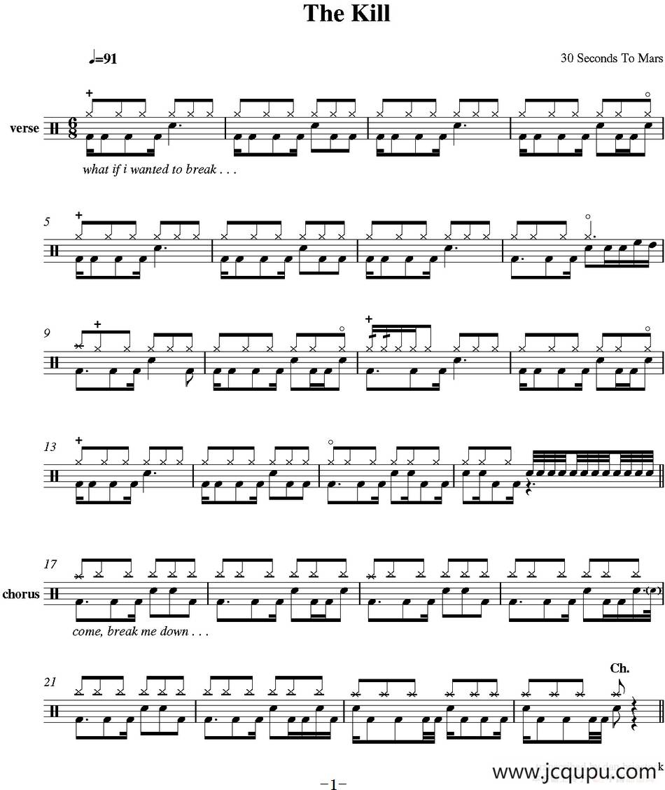爵士鼓谱：30 Seconds To Mars - The kill简谱