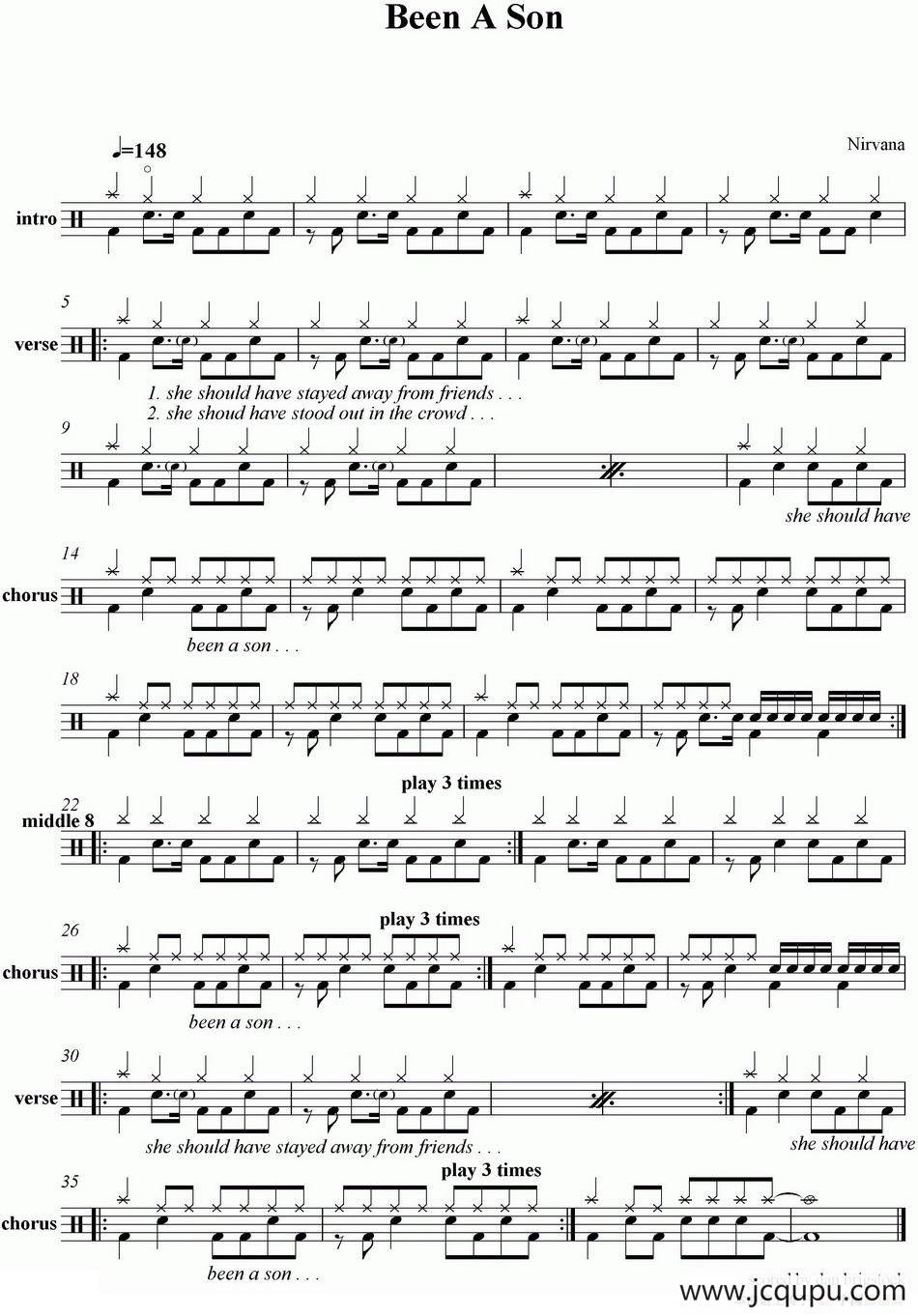 爵士鼓谱：Nirvana - Been A Son简谱