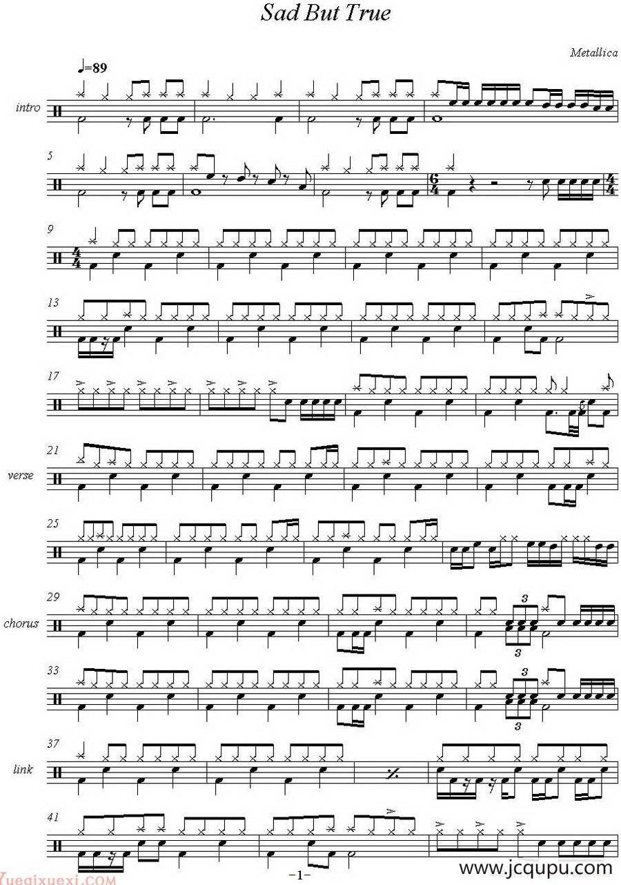 爵士鼓谱：Metallica - Sad But True简谱
