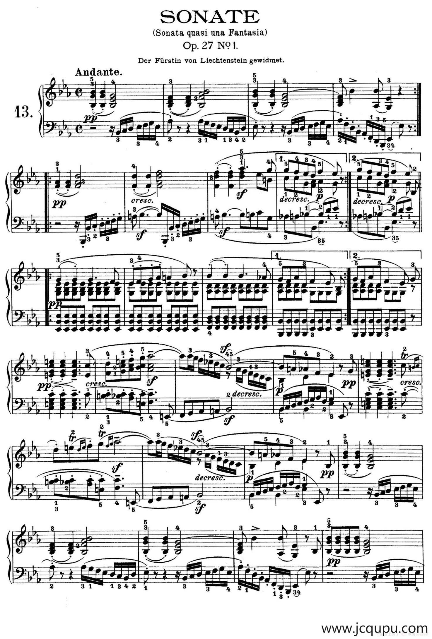 Piano Sonata in Es-dur Op. 27-1（降E大调第十三钢琴奏鸣曲）简谱