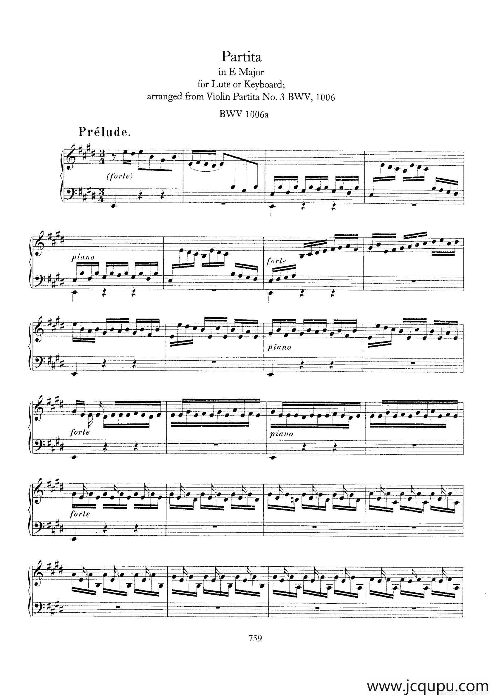 Partita in E Major BWV 1006a（E大调第三无伴奏小提琴组曲·钢琴独奏版）简谱