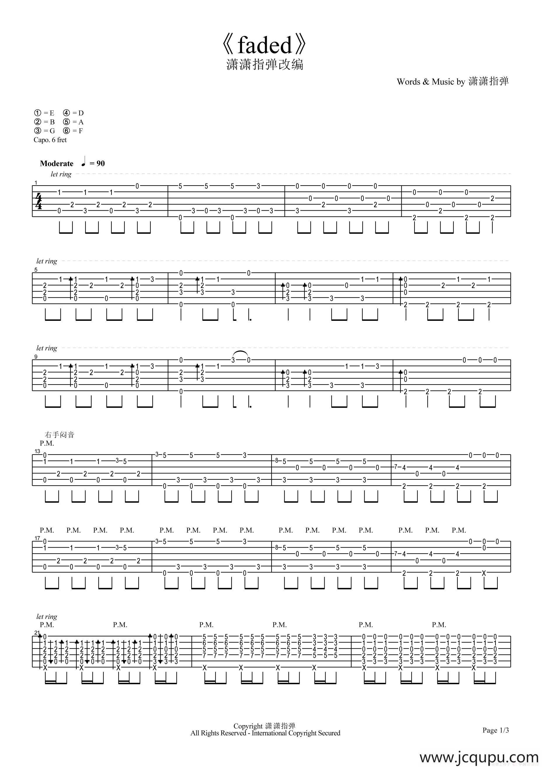 Faded（指弹独奏、潇潇改编版）简谱