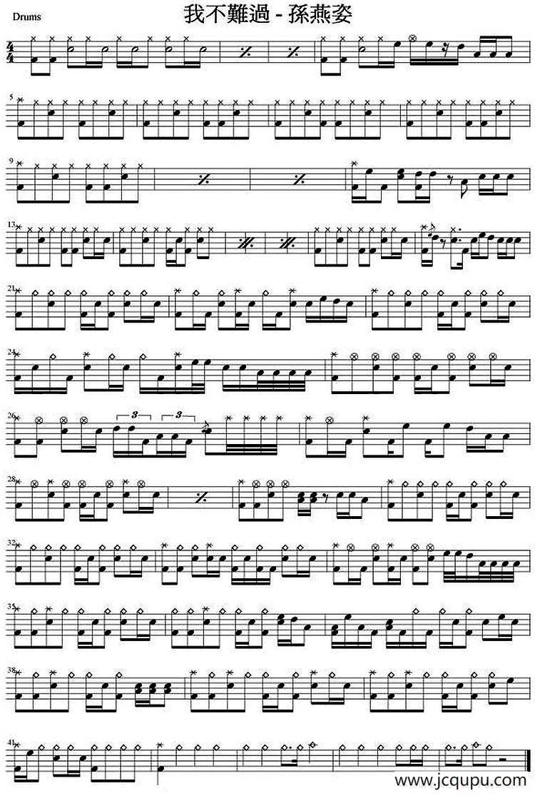 爵士鼓谱：孙燕姿 - 我不难过简谱