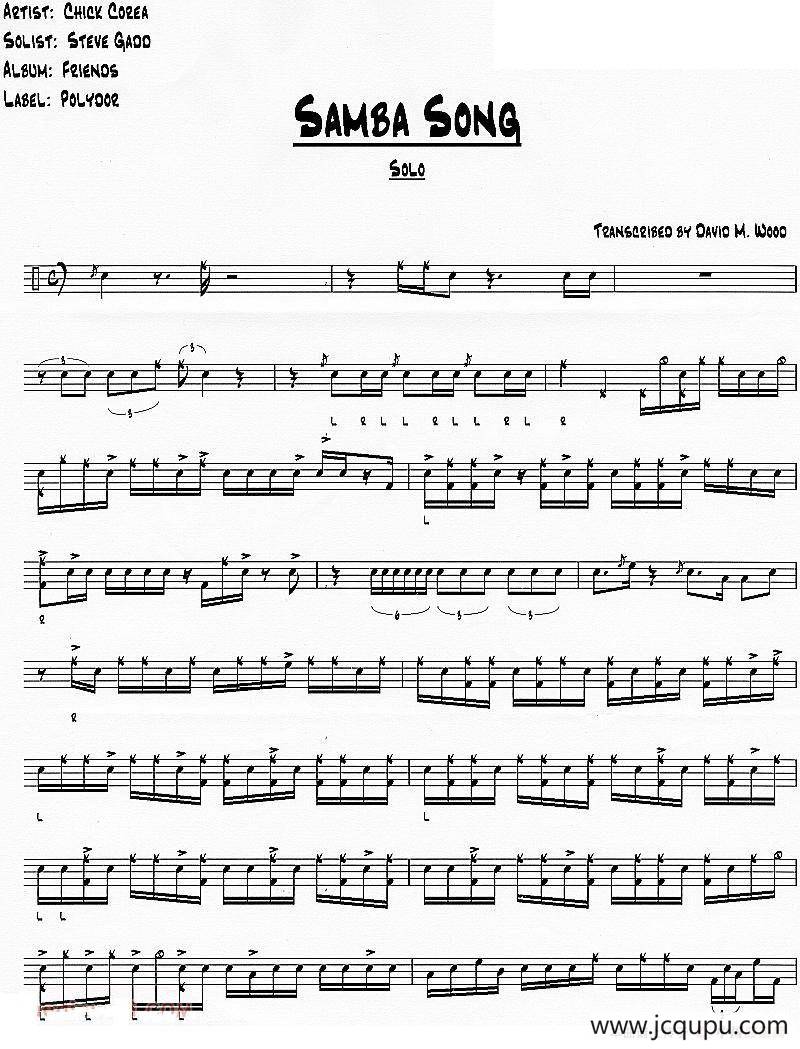 爵士鼓谱：samba song简谱