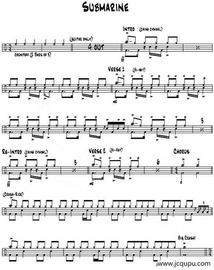架子鼓谱： Rock - Submarine简谱