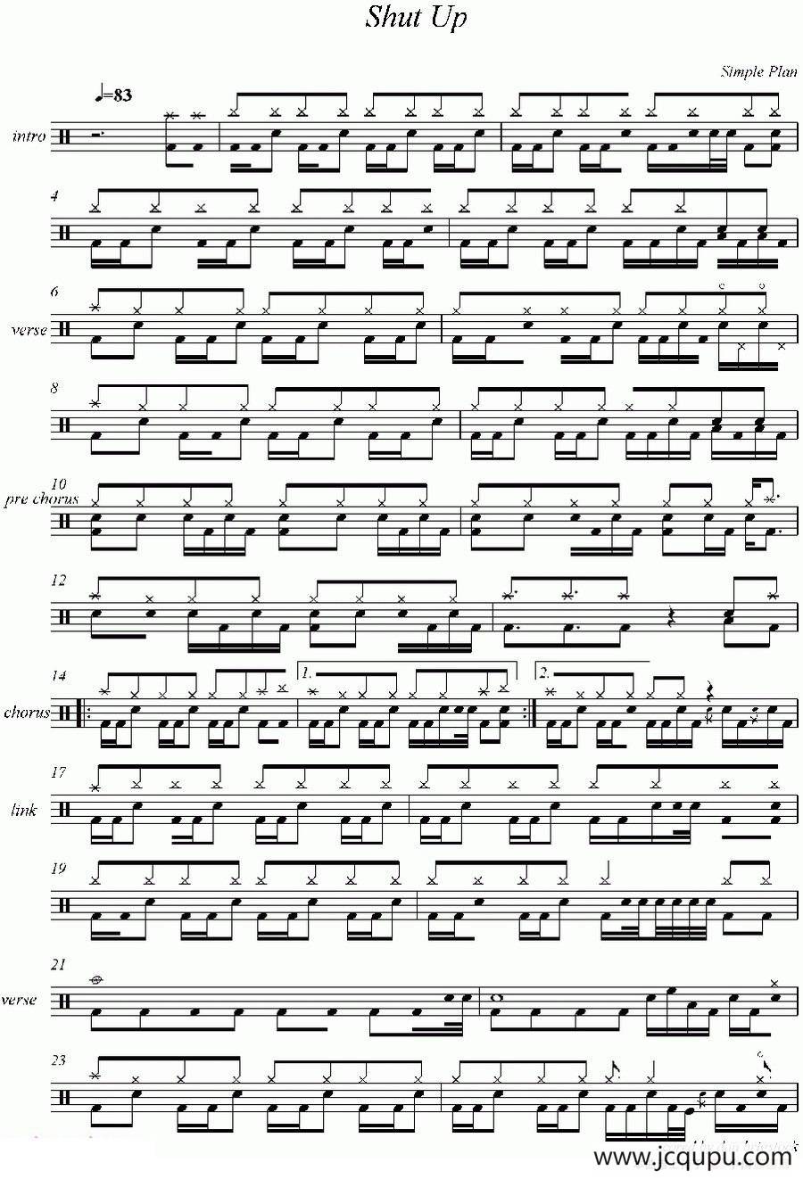 爵士鼓谱： Simple Plan - Shut Up简谱