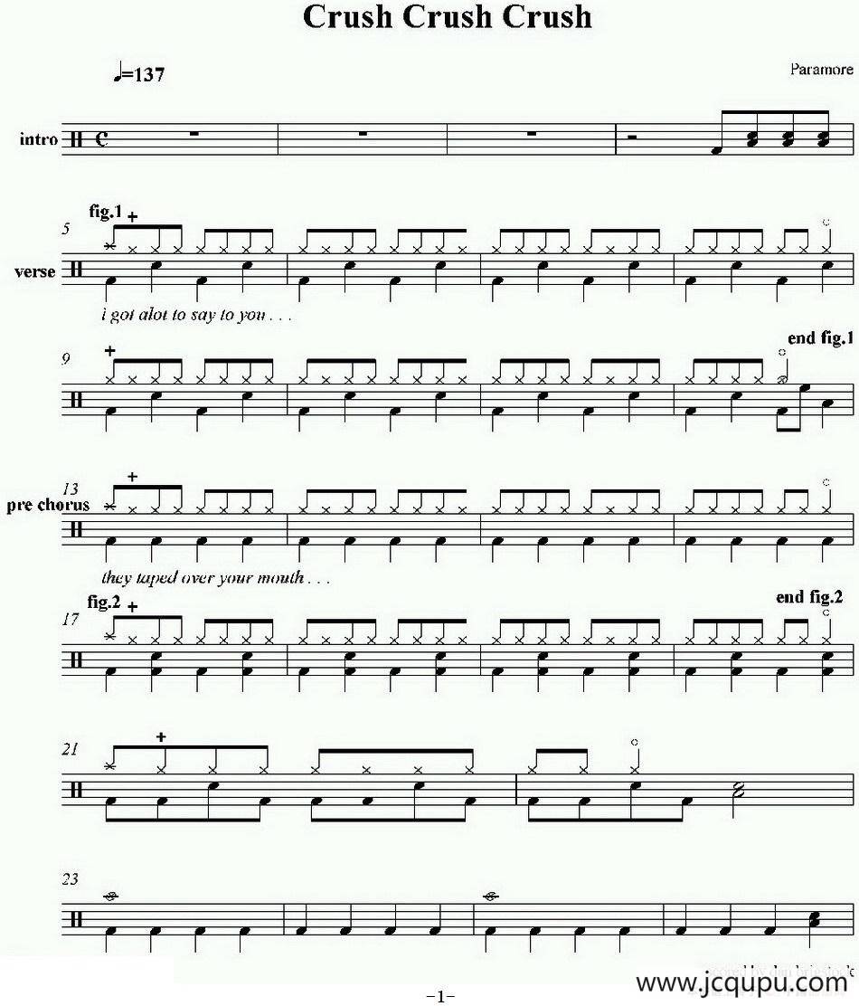 爵士鼓谱：Paramore - Crush Crush Crush简谱