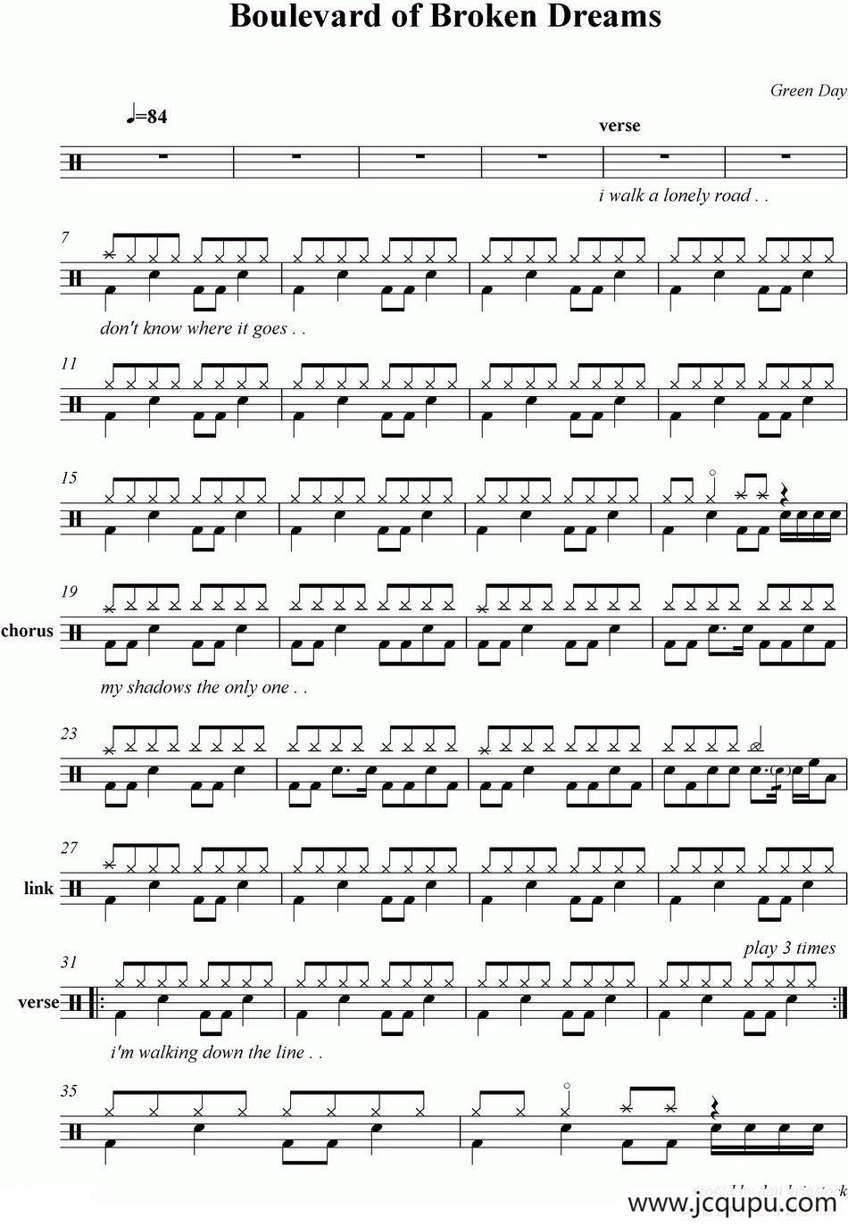 爵士鼓谱：Green Day - Boulevard of Broken Dreams简谱