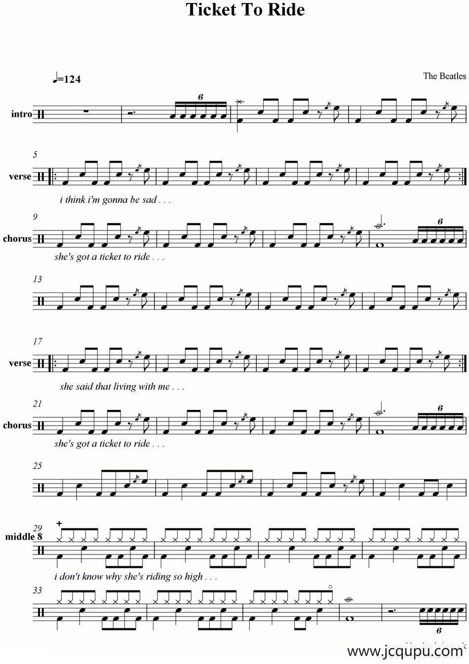 爵士鼓谱：The Beatles - Ticket To Ride简谱