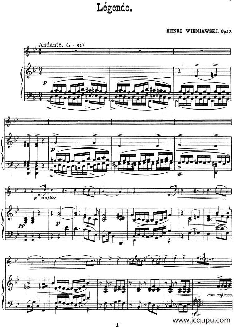 LEGENDE Op.17（传奇）（小提琴+钢琴伴奏）简谱