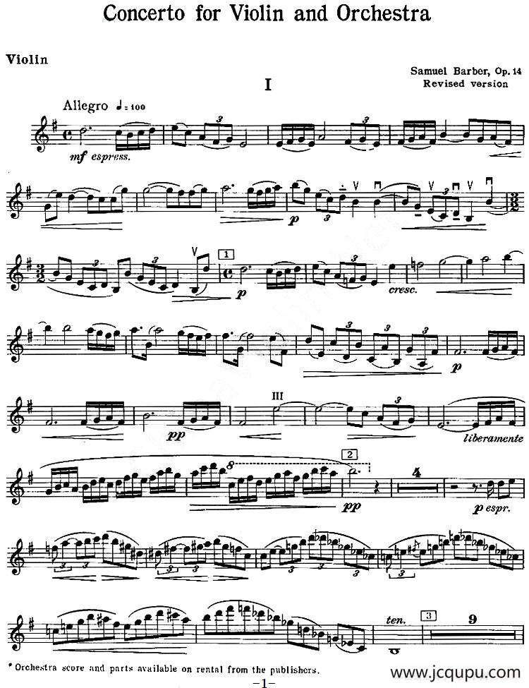 CONCERTO FOR VIOLIN AND ORCHESTRA Op.14（小提琴和交响乐协奏曲·小提琴分谱）简谱