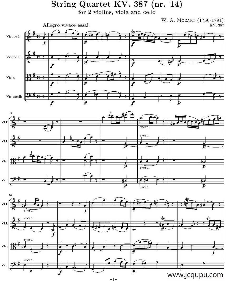 String Quartet KV.387（G大调弦乐四重奏）简谱