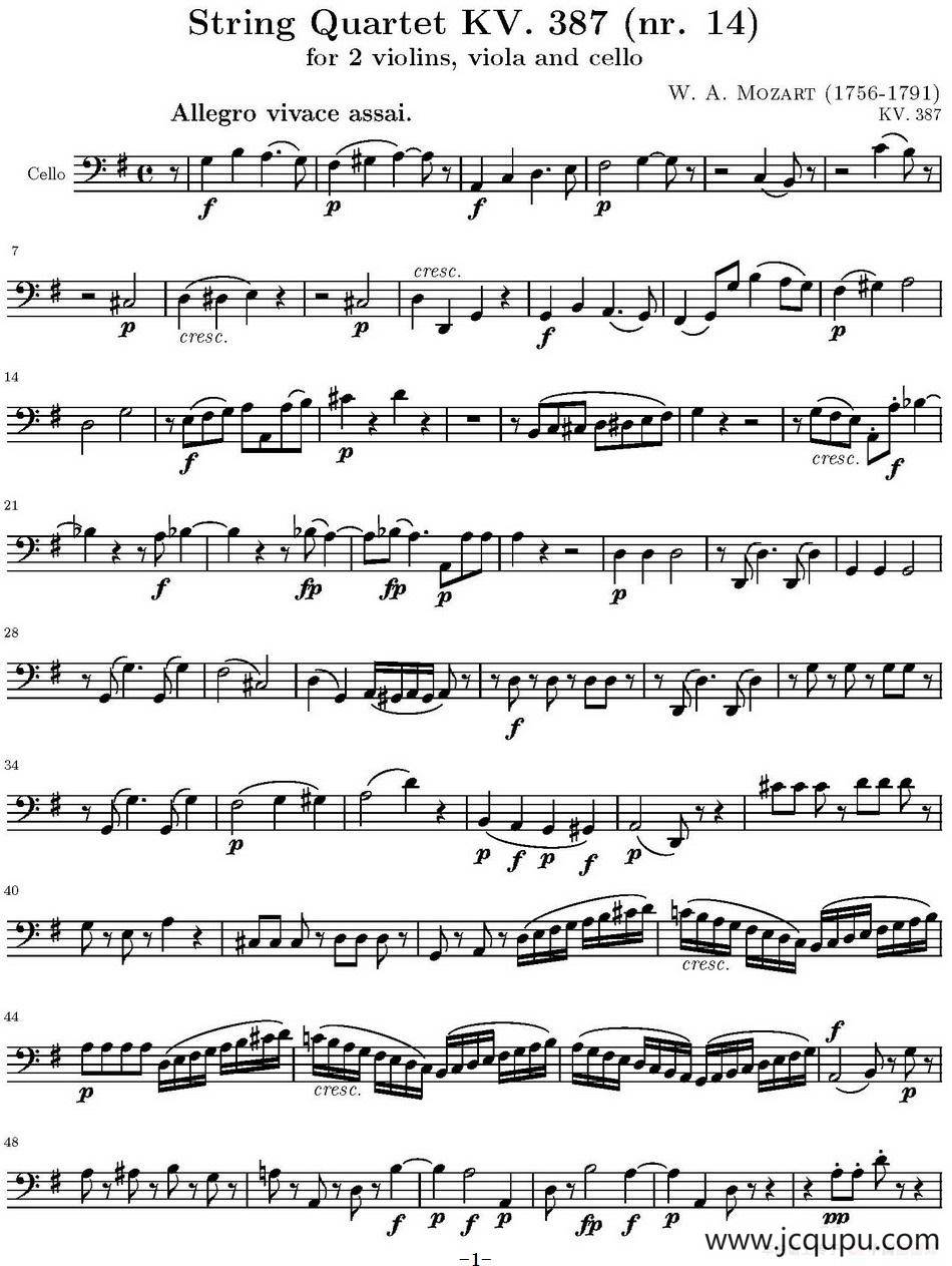 String Quartet KV.387（弦乐四重奏大提琴分谱）简谱