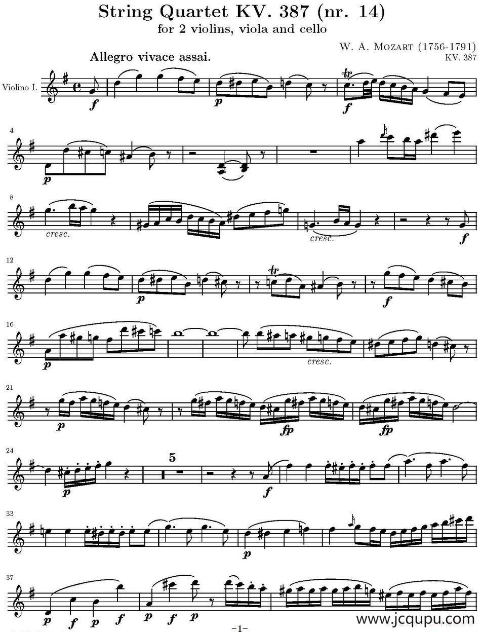 String Quartet KV.387（弦乐四重奏第一小提琴分谱）简谱