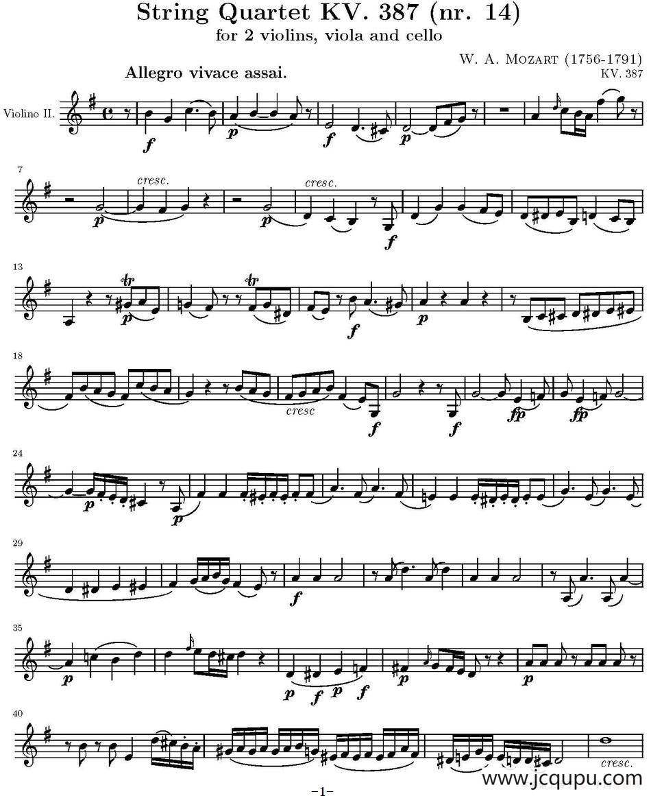 String Quartet KV.387（弦乐四重奏第二小提琴分谱）简谱