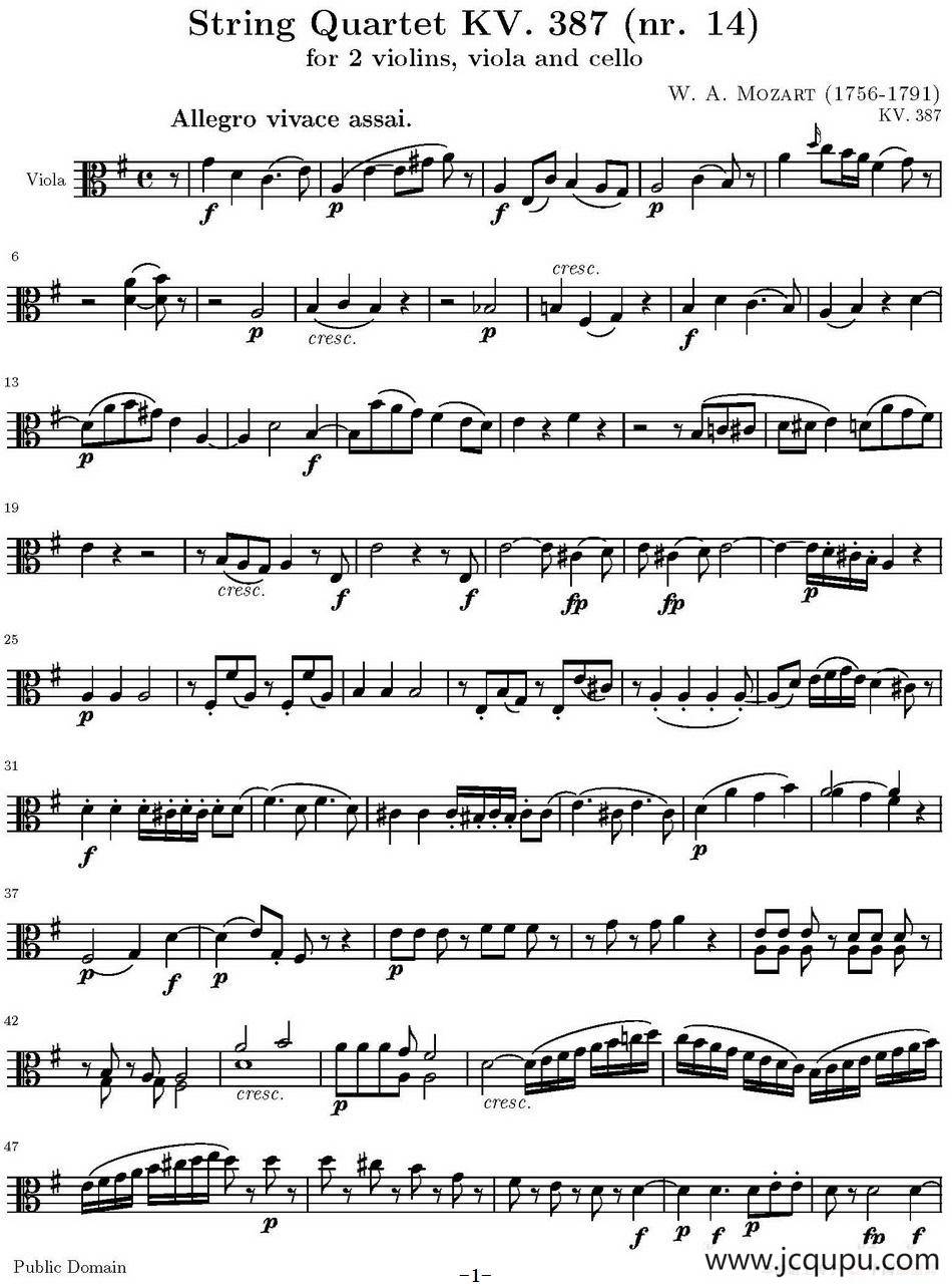 String Quartet KV.387（弦乐四重奏中提琴分谱）简谱