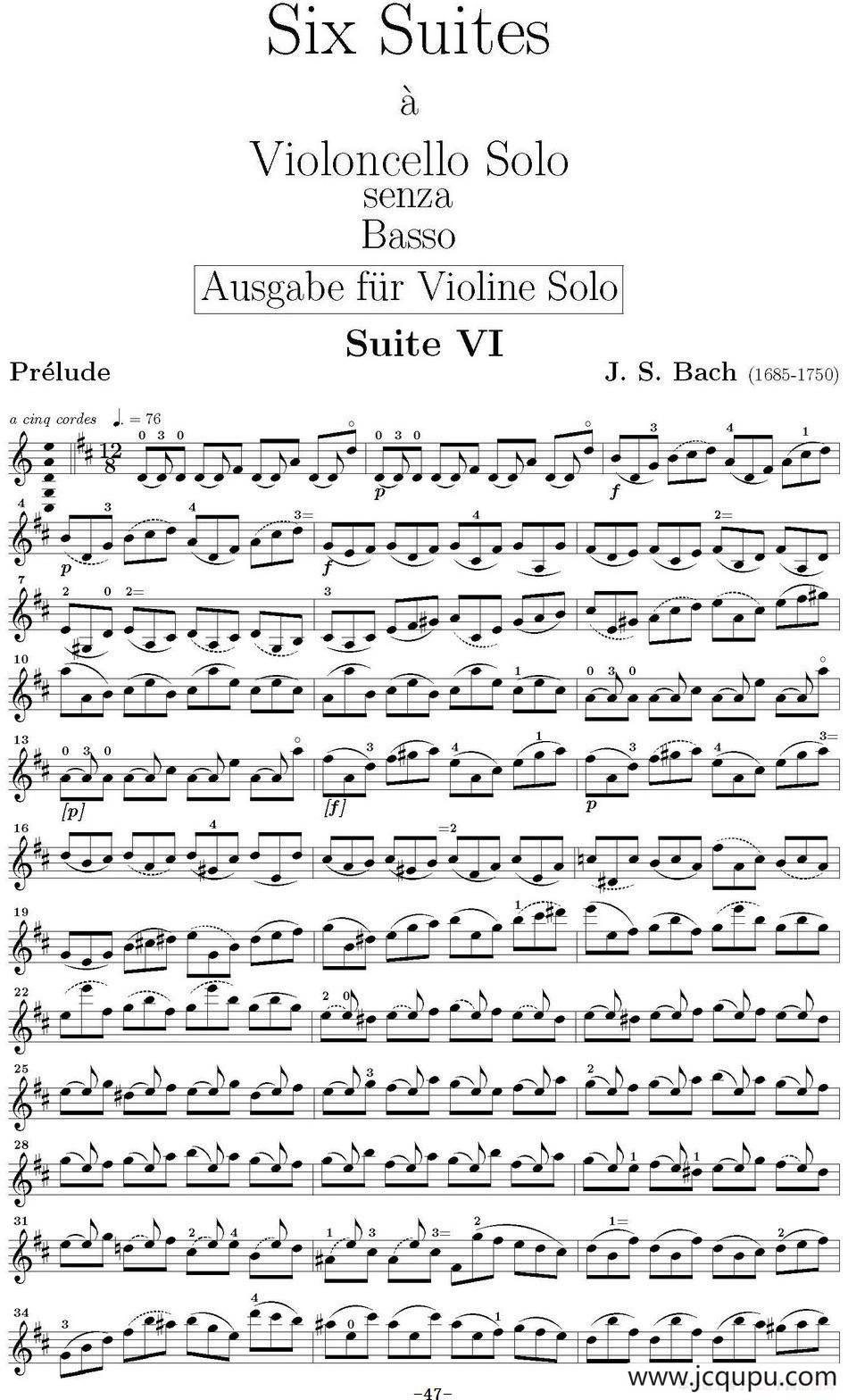 Six Suite Violincello Solo senza Basso（Suite VI）（6首无伴奏大提琴组曲·Ⅵ）简谱
