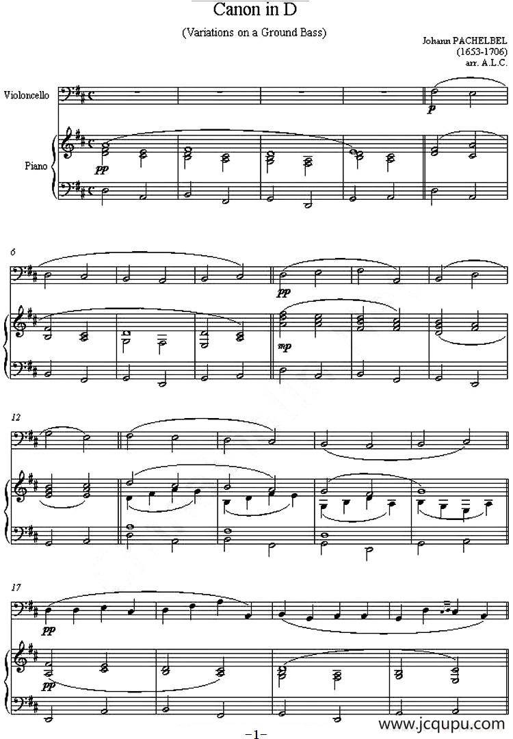 Canon in D（D大调卡农）（大提琴+钢琴伴奏）简谱