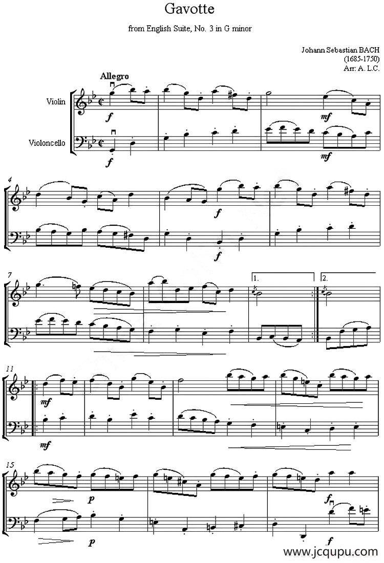 Gavotte from English Suite,No.3 in G minor（加沃特舞曲）（小提琴、大提琴二重奏）简谱