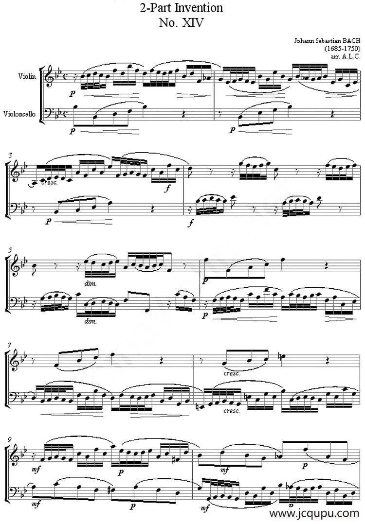 2-Part Invention XIV（二部创意曲No.14）（小提琴、大提琴二重奏）简谱