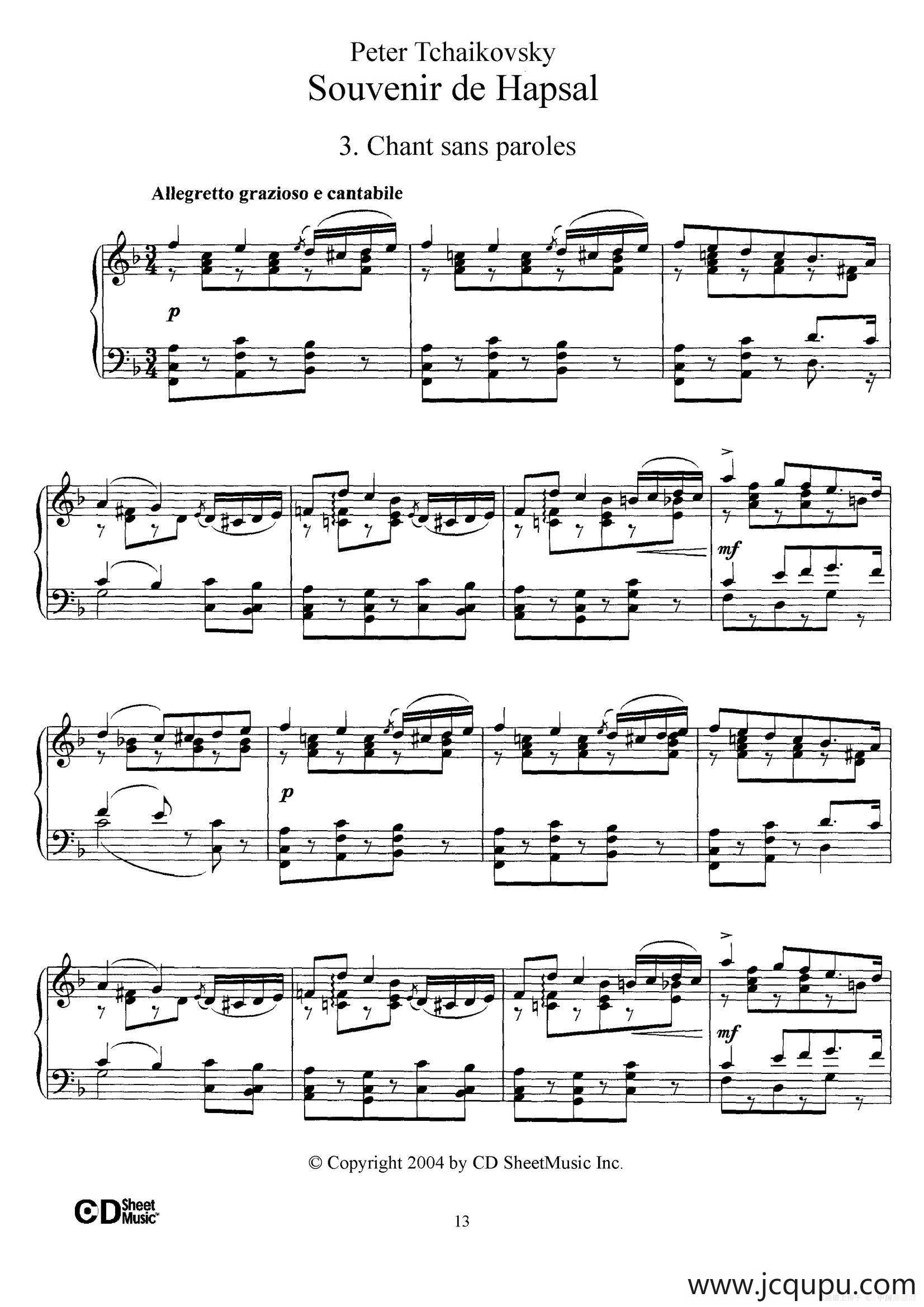 Souvenir de Hapsal Op.2（哈普萨的回忆·3）简谱