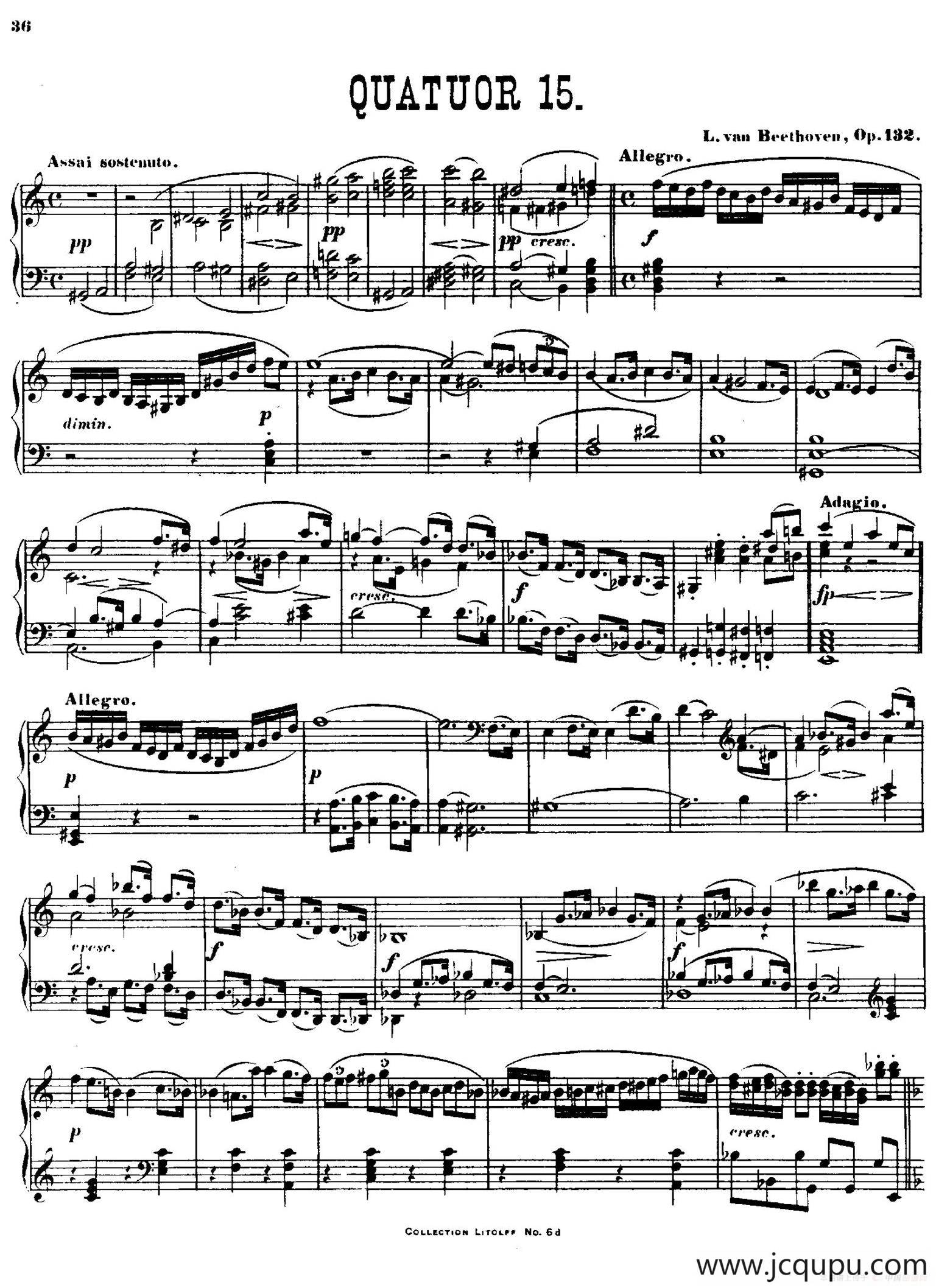 String Quartet No.15 in a Minor Op.132（a小调第十五弦乐四重奏·钢琴独奏版）简谱