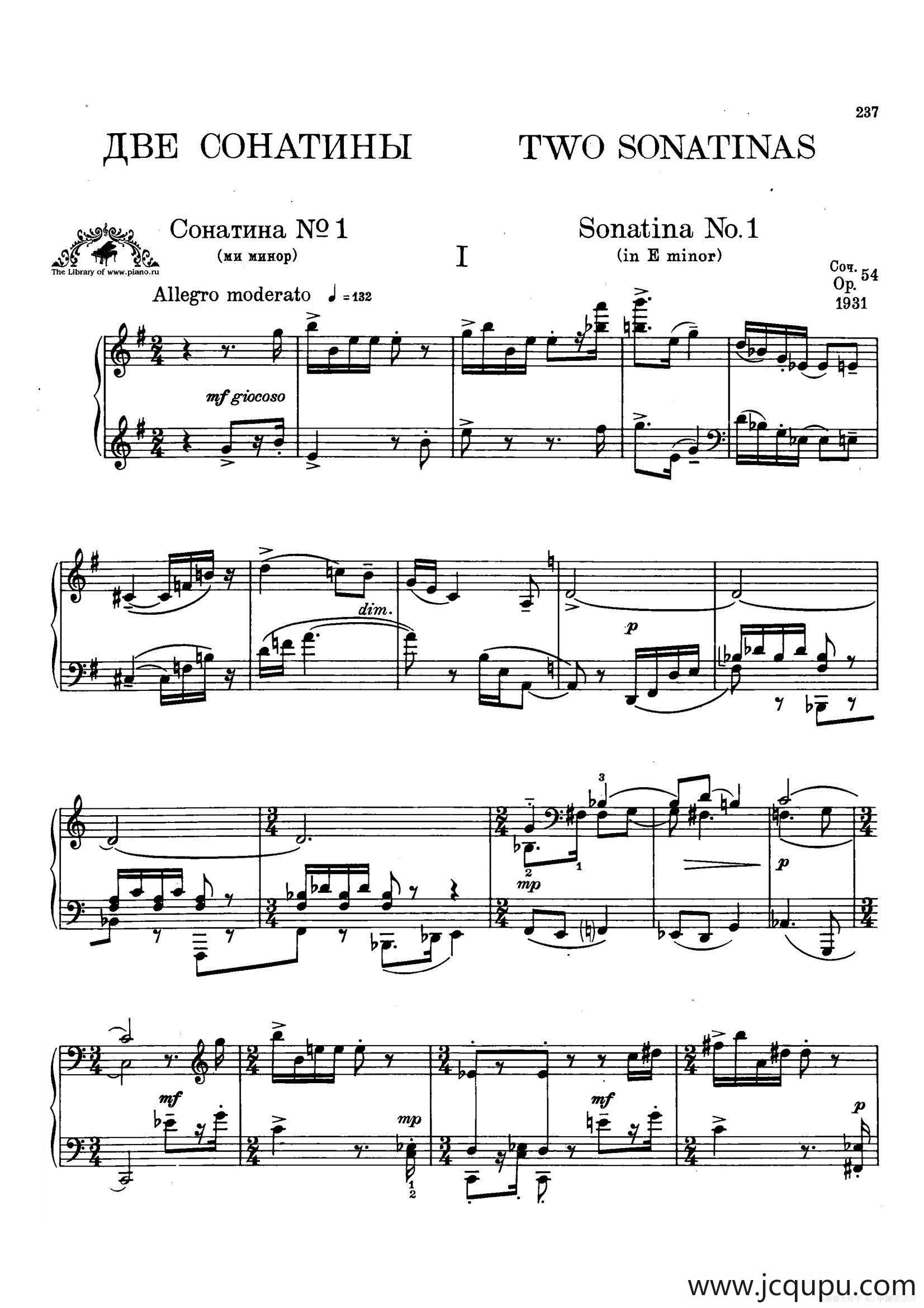 Two Sonatinas for Piano Op.54 No.1（2首钢琴小奏鸣曲·1）简谱