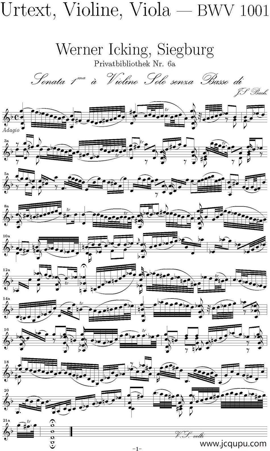 Bach Sonata BWV1001（无伴奏小提琴组曲）简谱