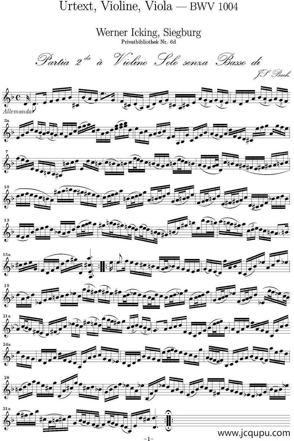 Bach Sonata BWV1004（无伴奏小提琴组曲）简谱