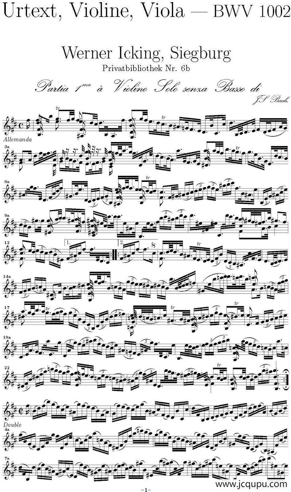 Bach Sonata BWV1002（无伴奏小提琴组曲）简谱