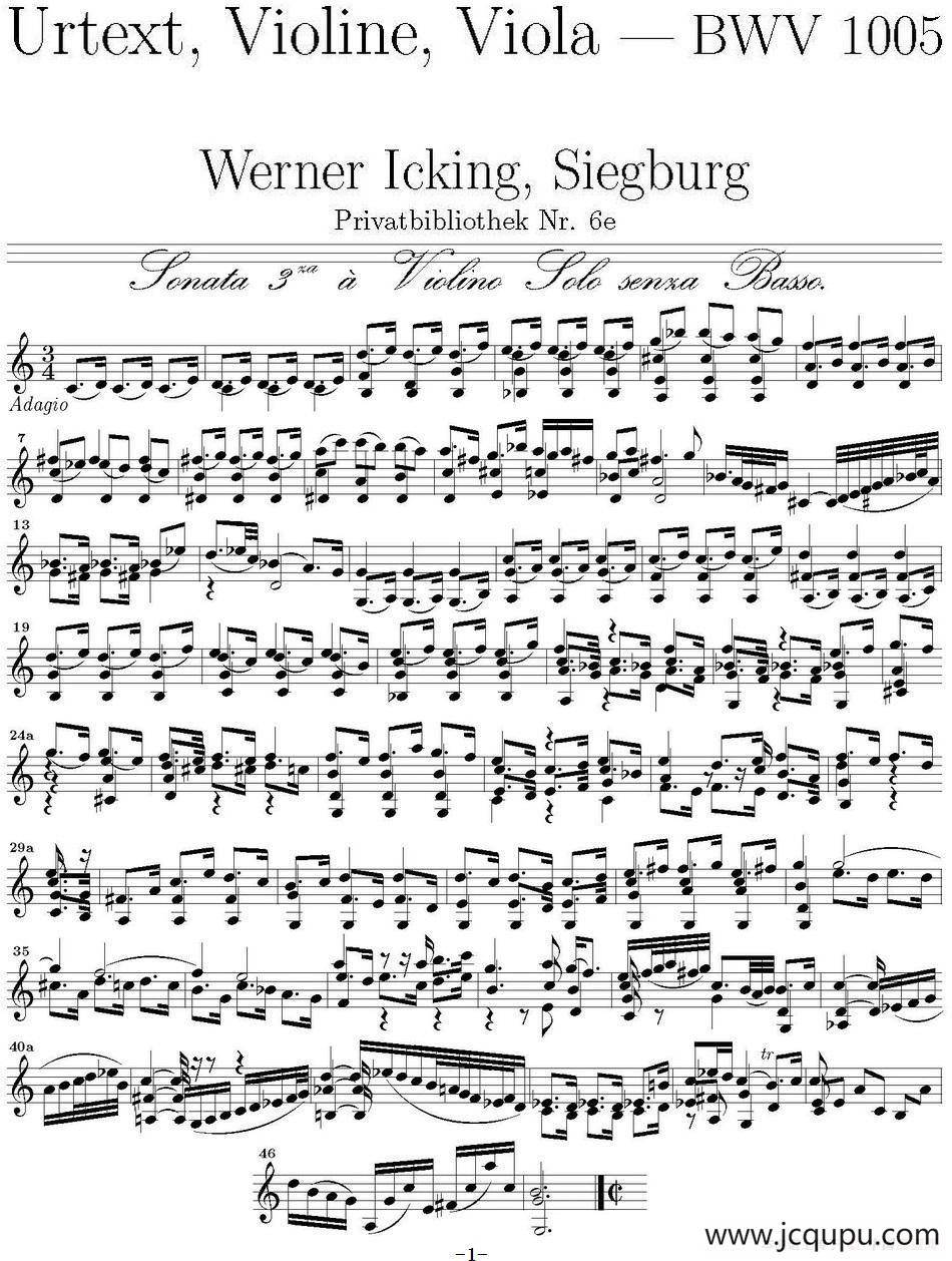 Bach Sonata BWV1005（无伴奏小提琴组曲）简谱