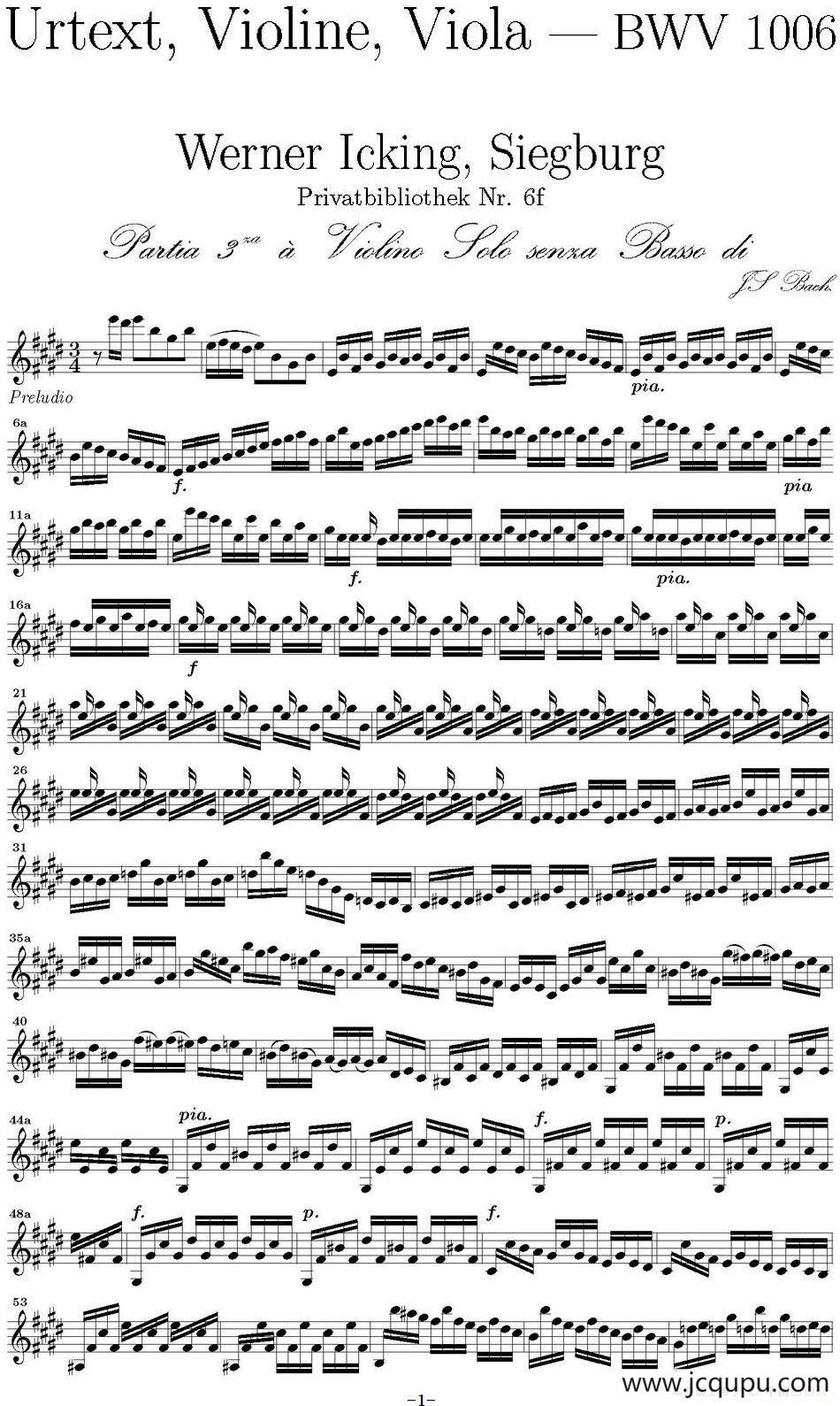 Bach Sonata BWV1006（无伴奏小提琴组曲）简谱