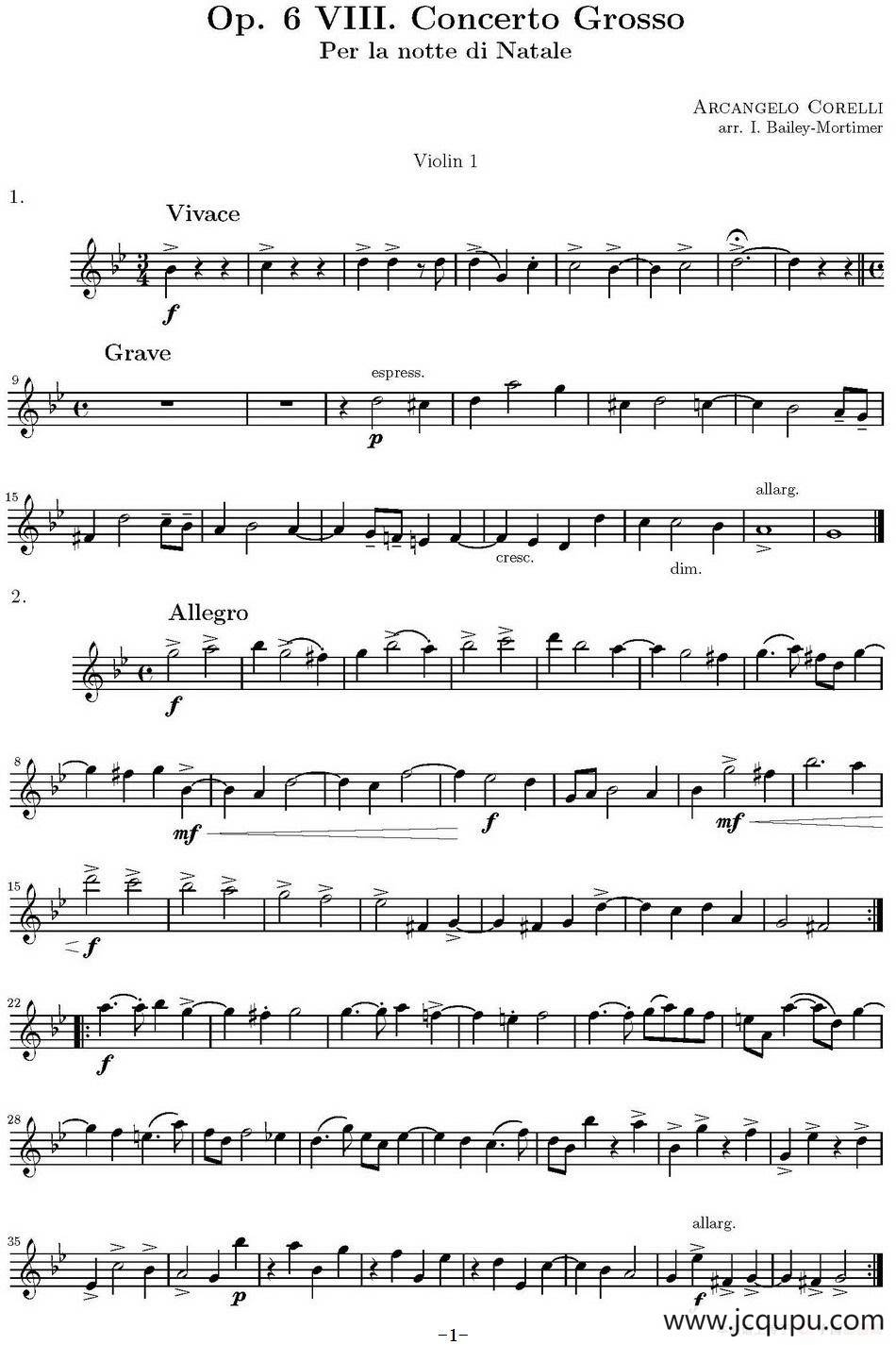 Op.6 VIII. Concerto Grosso（大协奏曲）（四重奏第一小提琴分谱）简谱