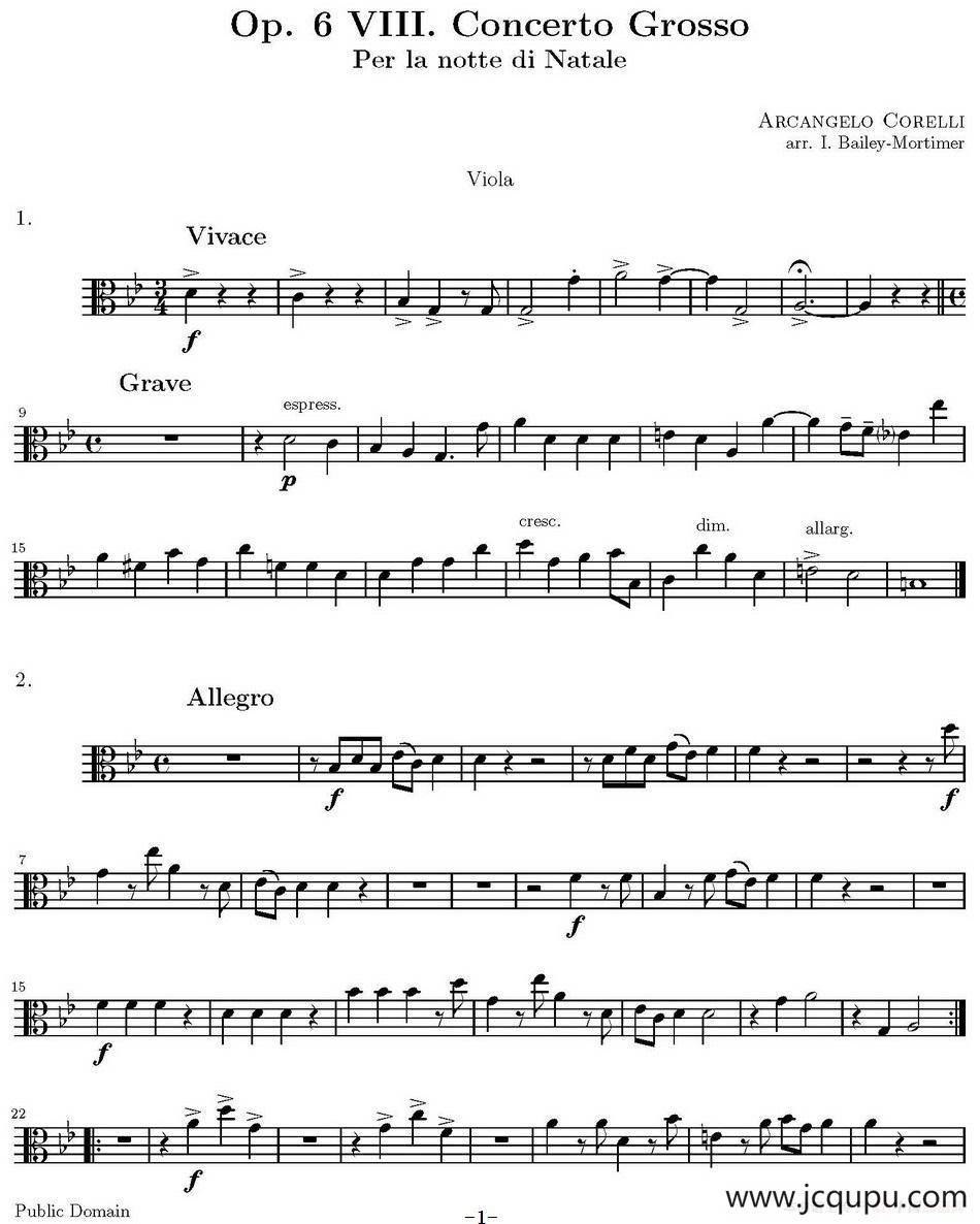 Op.6 VIII. Concerto Grosso（大协奏曲）（四重奏中提琴分谱）简谱