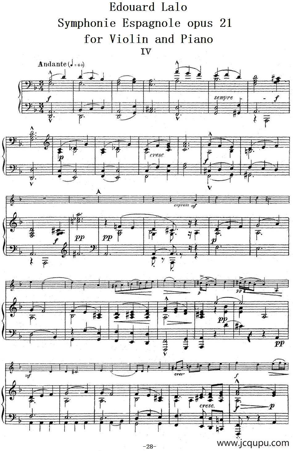 Symphonie Espagnole Op.21，No.4（西班牙交响曲）（小提琴+钢琴伴奏）简谱